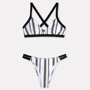 NWT Cupshe Black White Striped Bikini Set Contrast Trim Swimsuit Large